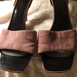 Gucci vintage pink monogram kitten heel mules
